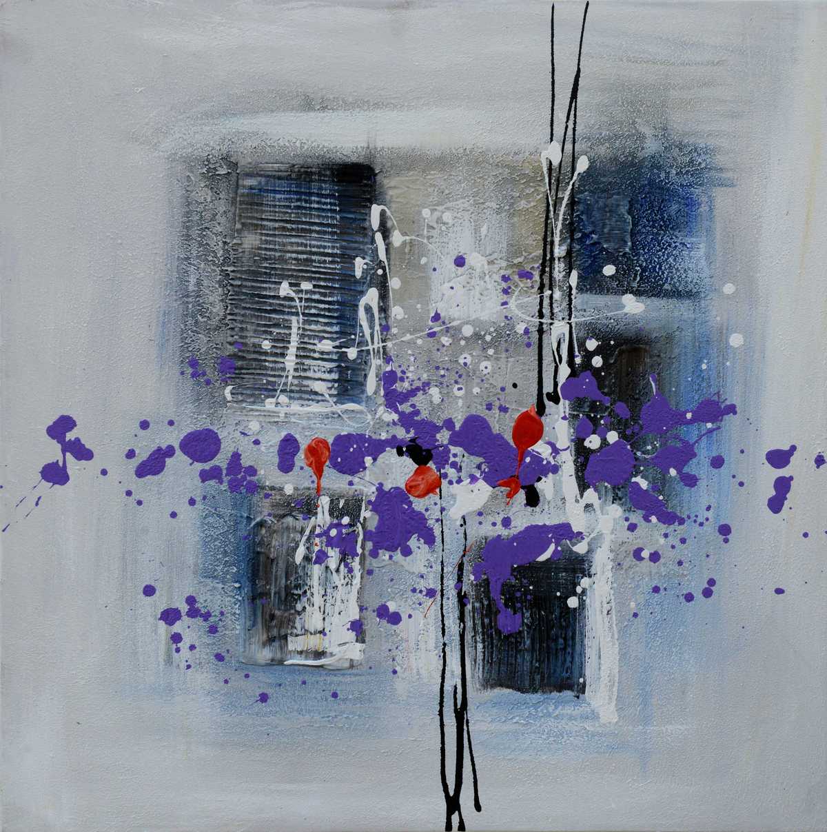 Handgemaltes abstraktes Ölbild auf Leinwand in Hellgrau, Dunkelblau und Violett mit Farbspritzern