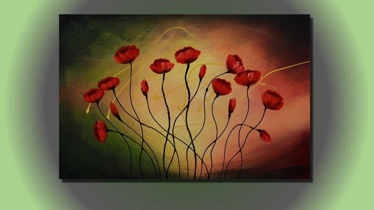 Handgemaltes Ölbild rote Mohnblumen auf dunklem Grund, Leinwand in Olivgrün, Schwarz und warmem Rot – Beispiel im Raum