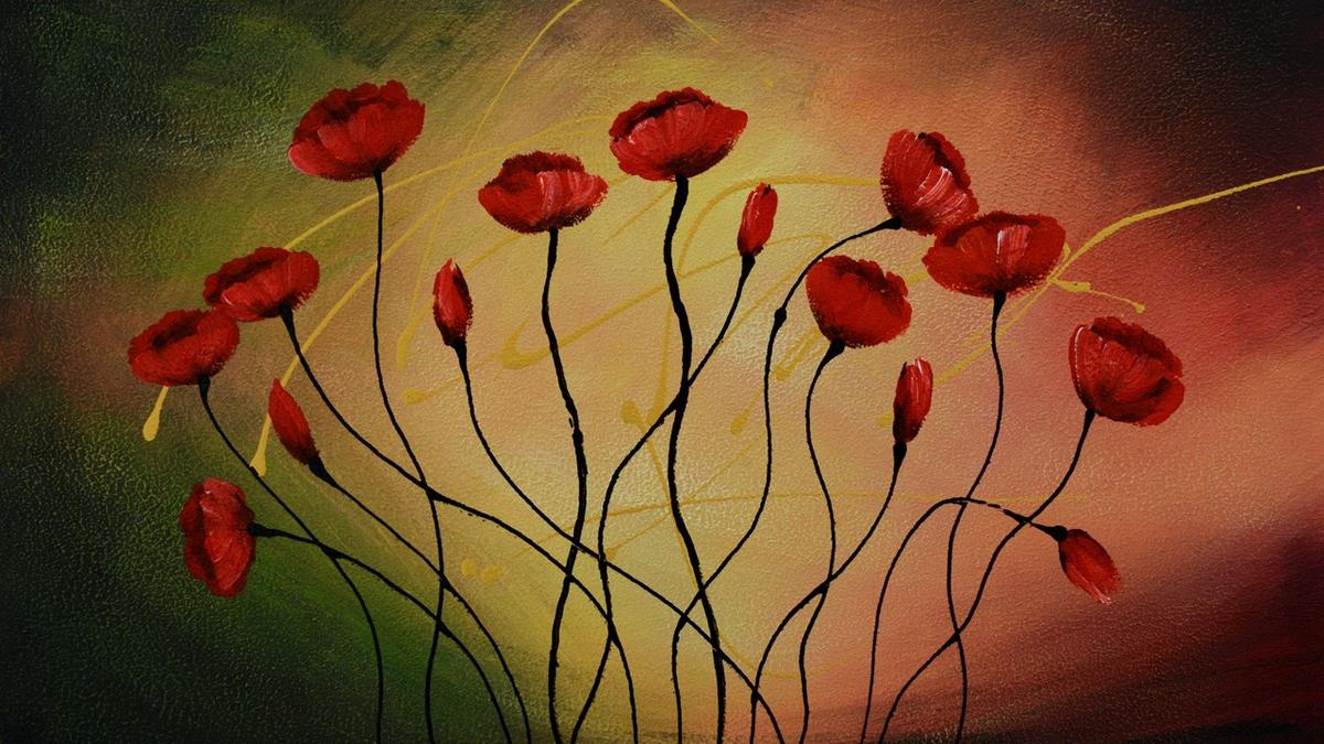 Handgemaltes Ölbild rote Mohnblumen auf dunklem Grund, Leinwand in Olivgrün, Schwarz und warmem Rot – Detailansicht