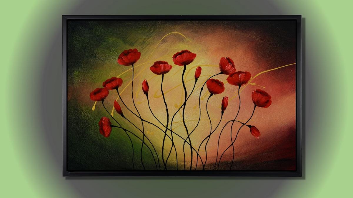 Handgemaltes Ölbild rote Mohnblumen auf dunklem Grund, Leinwand in Olivgrün, Schwarz und warmem Rot, mit schwarzem Rahmen – Beispiel im Raum