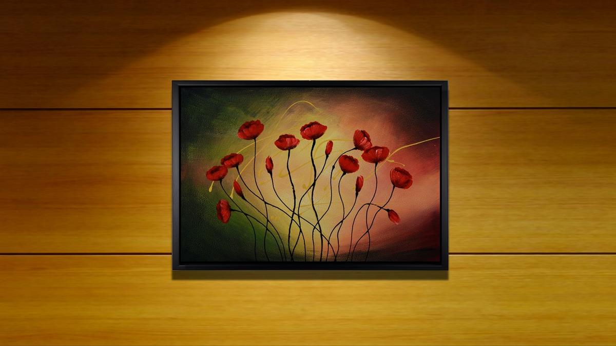 Handgemaltes Ölbild rote Mohnblumen auf dunklem Grund, Leinwand in Olivgrün, Schwarz und warmem Rot, mit schwarzem Rahmen – Beispiel im Raum