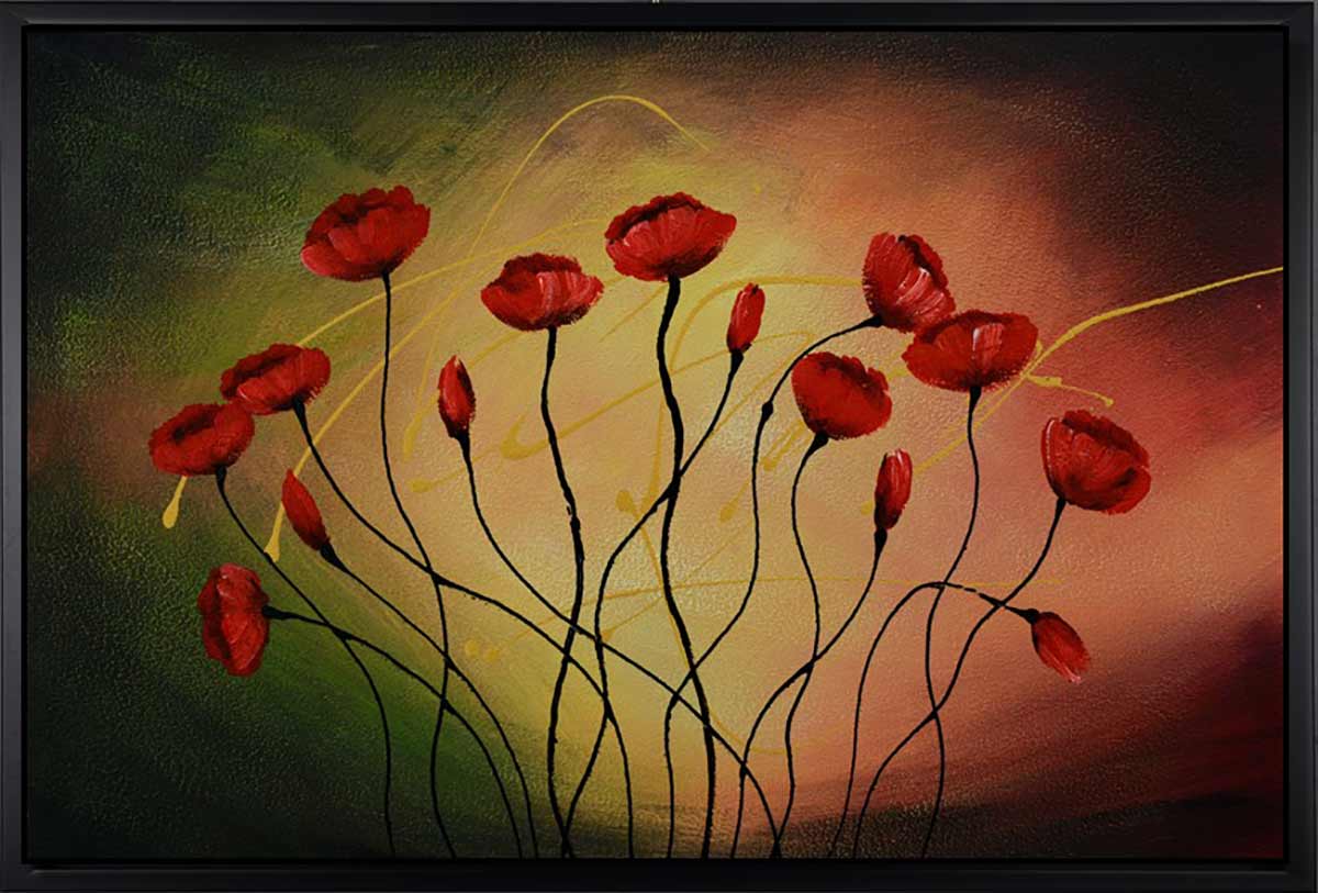 Handgemaltes Ölbild rote Mohnblumen auf dunklem Grund, Leinwand in Olivgrün, Schwarz und warmem Rot, mit schwarzem Rahmen