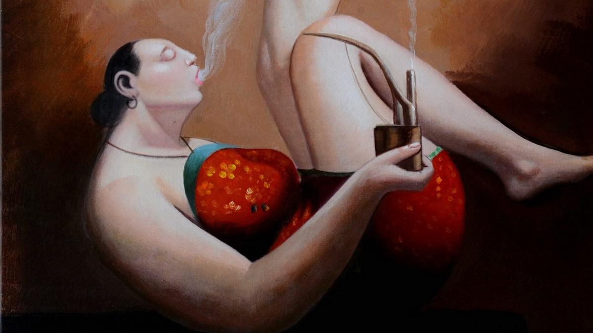 Handgemaltes Ölbild entspannte Dame mit Pfeife auf Leinwand, humorvolles Porträt in warmen Braun- und Rottönen – Detailansicht