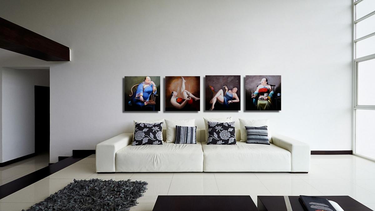 Handgemaltes Ölbild Dame mit Zigarette auf Leinwand, Frau im blauen Kleid im Sessel vor dunklem Hintergrund – Beispiel im Raum
