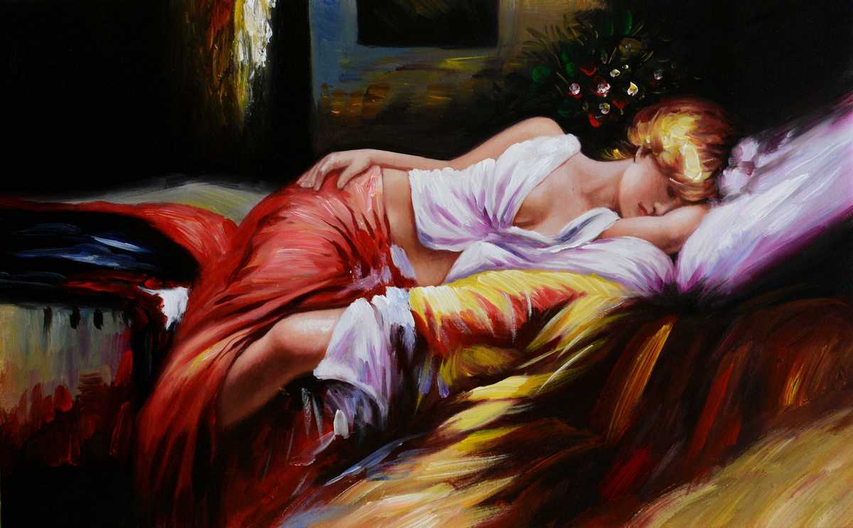 Handgemaltes Ölbild schlafende Schönheit auf Leinwand, Frau in Rot auf bunten Kissen, impressionistisch