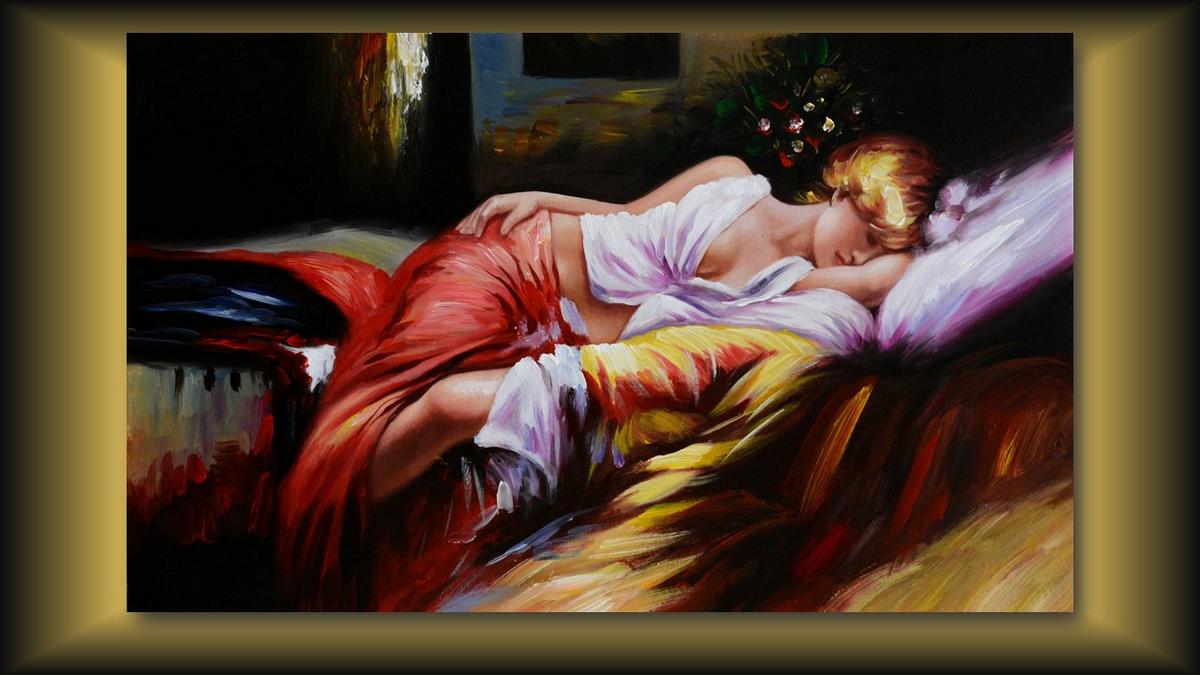 Handgemaltes Ölbild schlafende Schönheit auf Leinwand, Frau in Rot auf bunten Kissen, impressionistisch – Beispiel im Raum