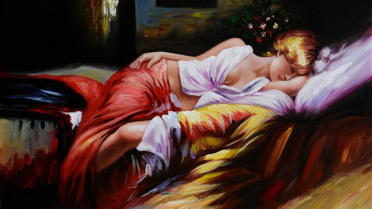Handgemaltes Ölbild schlafende Schönheit auf Leinwand, Frau in Rot auf bunten Kissen, impressionistisch – Detailansicht