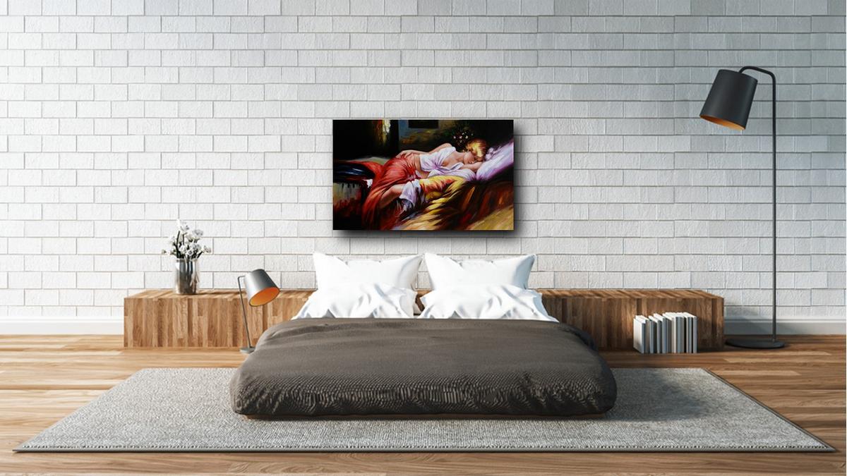 Handgemaltes Ölbild schlafende Schönheit auf Leinwand, Frau in Rot auf bunten Kissen, impressionistisch – Beispiel im Raum