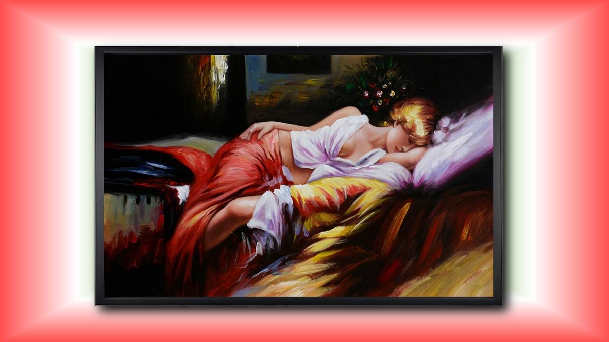 Handgemaltes Ölbild schlafende Schönheit auf Leinwand, Frau in Rot auf bunten Kissen, impressionistisch, mit schwarzem Rahmen – Beispiel im Raum