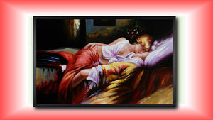 Handgemaltes Ölbild schlafende Schönheit auf Leinwand, Frau in Rot auf bunten Kissen, impressionistisch, mit schwarzem Rahmen – Beispiel im Raum