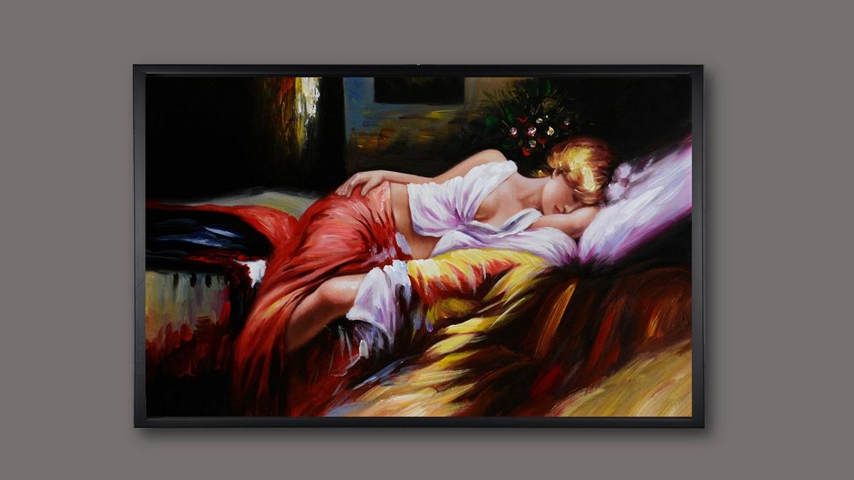 Handgemaltes Ölbild schlafende Schönheit auf Leinwand, Frau in Rot auf bunten Kissen, impressionistisch, mit schwarzem Rahmen – Beispiel im Raum