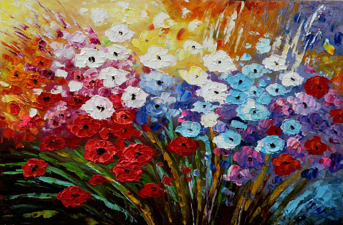 Handgemaltes Blumenbild in Öl auf Leinwand, Frühlingsblumen in Weiss, Blau, Rosa und Rot, Spachteltechnik