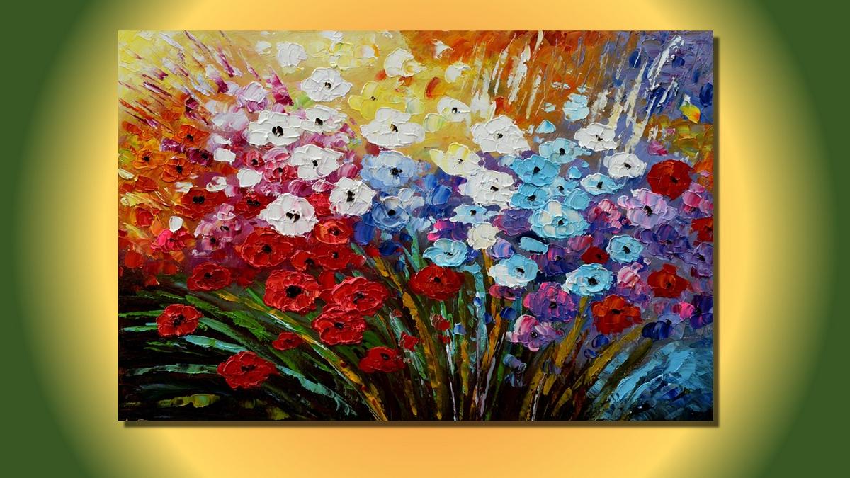 Handgemaltes Blumenbild in Öl auf Leinwand, Frühlingsblumen in Weiss, Blau, Rosa und Rot, Spachteltechnik – Beispiel im Raum
