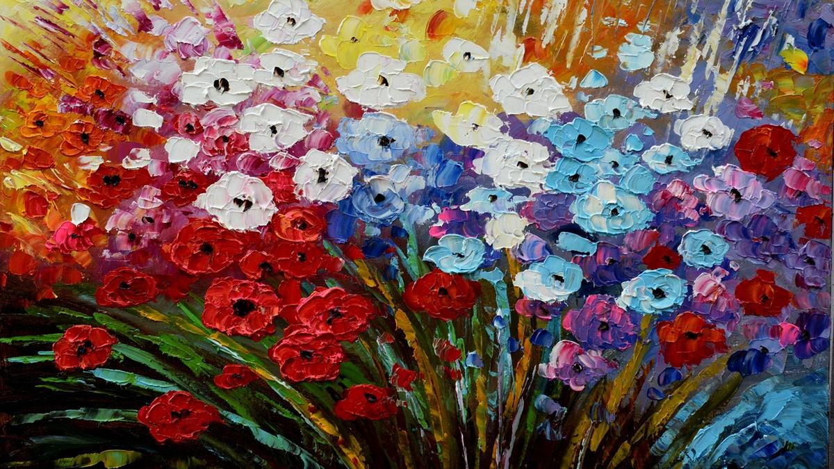 Handgemaltes Blumenbild in Öl auf Leinwand, Frühlingsblumen in Weiss, Blau, Rosa und Rot, Spachteltechnik – Detailansicht