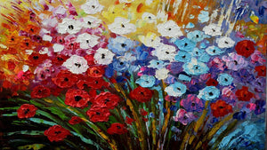 Handgemaltes Blumenbild in Öl auf Leinwand, Frühlingsblumen in Weiss, Blau, Rosa und Rot, Spachteltechnik – Detailansicht