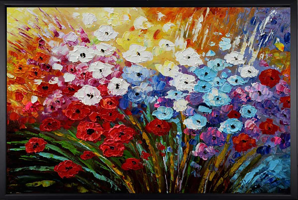 Handgemaltes Blumenbild in Öl auf Leinwand, Frühlingsblumen in Weiss, Blau, Rosa und Rot, Spachteltechnik, mit schwarzem Rahmen