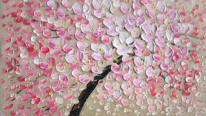 Handgemaltes Ölbild rosa Kirschblütenbaum auf Leinwand, reliefartige Spachtelblüten auf Sandbeige – Detailansicht