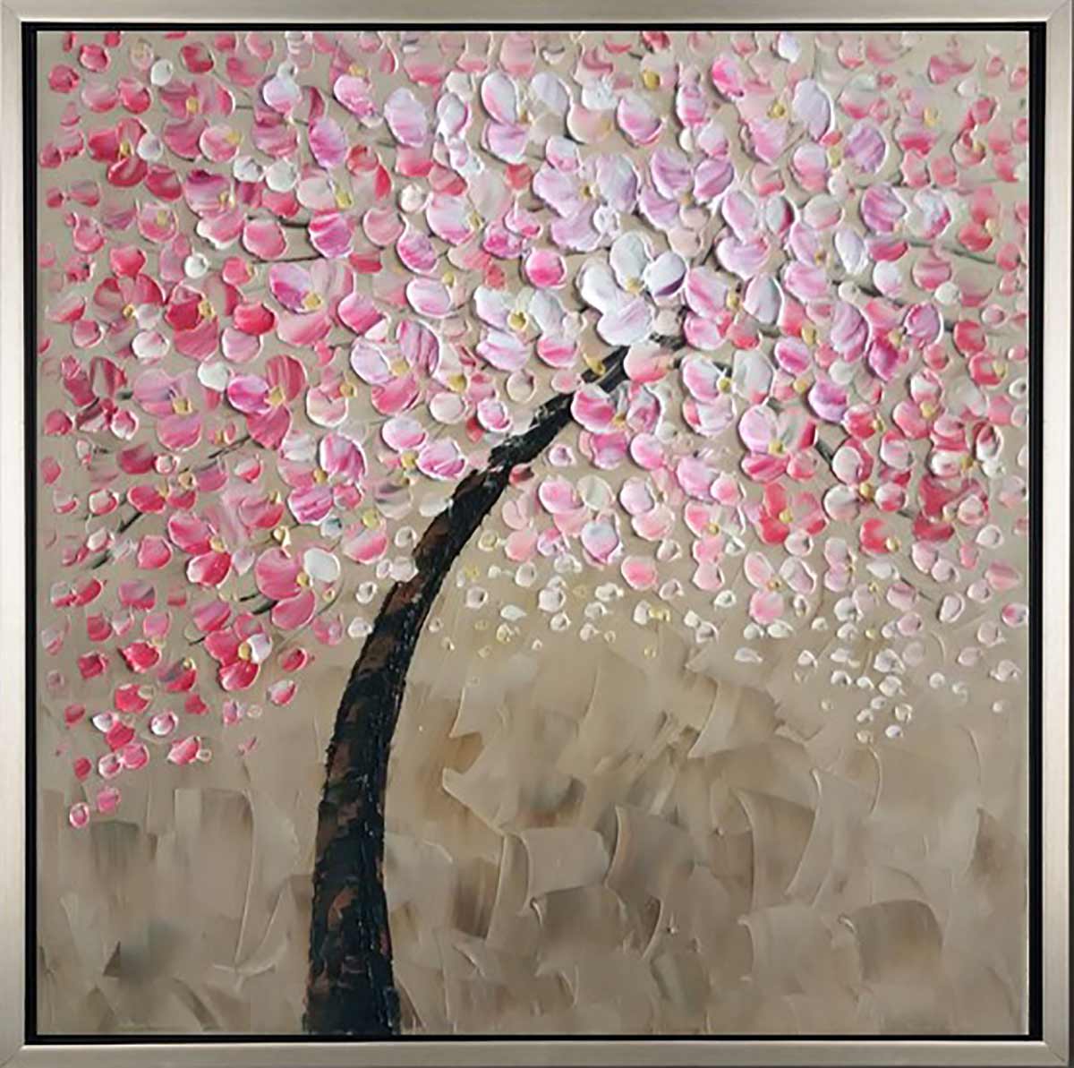 Handgemaltes Ölbild rosa Kirschblütenbaum auf Leinwand, reliefartige Spachtelblüten auf Sandbeige, mit silbernem Rahmen