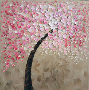 Handgemaltes Ölbild rosa Kirschblütenbaum auf Leinwand, reliefartige Spachtelblüten auf Sandbeige