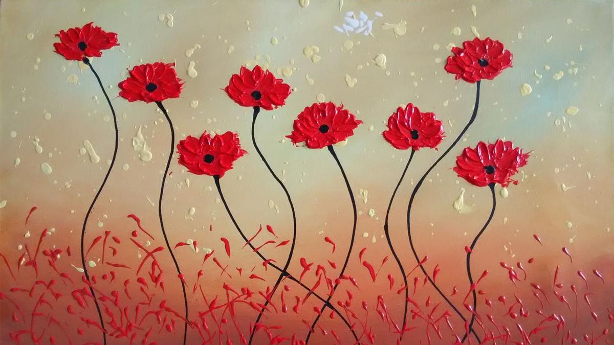 Handgemaltes Ölbild rote Mohnblumen im Wind auf Leinwand, lange Stiele vor Salbei, Beige und Rot – Detailansicht