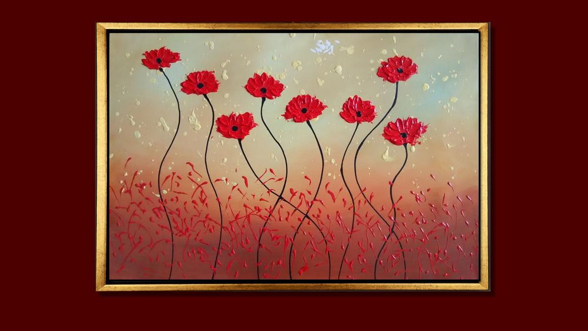 Handgemaltes Ölbild rote Mohnblumen im Wind auf Leinwand, lange Stiele vor Salbei, Beige und Rot, mit goldenem Rahmen – Beispiel im Raum