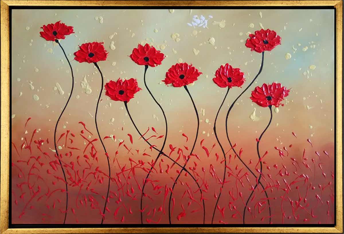 Handgemaltes Ölbild rote Mohnblumen im Wind auf Leinwand, lange Stiele vor Salbei, Beige und Rot, mit goldenem Rahmen