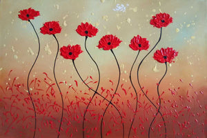 Handgemaltes Ölbild rote Mohnblumen im Wind auf Leinwand, lange Stiele vor Salbei, Beige und Rot