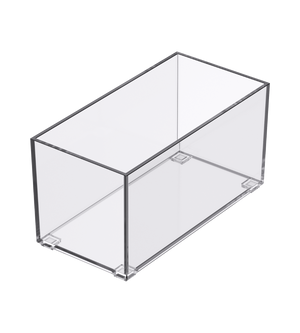 Der SLIDE Schubladen Organizer KLAR - HOCH von BNB x VCN ist eine klare, rechteckige Acrylbox mit offenem Top und stapelbarem Design. Transparent und leer zeigt sie ihre einfache Struktur und scharfen Kanten vor weißem Hintergrund.