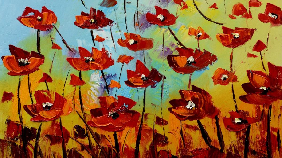 Handgemaltes Ölbild rote Mohnblumen im Sonnenlicht auf Leinwand, Himmel in Blau, Gelb und Orange – Detailansicht