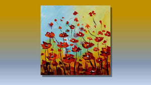 Handgemaltes Ölbild rote Mohnblumen im Sonnenlicht auf Leinwand, Himmel in Blau, Gelb und Orange – Beispiel im Raum