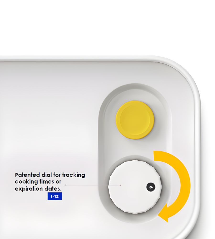 Eine Nahaufnahme der BNB x VCN DATEMATE Vorratsdose KLAR Weiss mit Garzeit-Timer. Text: Die patentierte Skala zeigt die Garzeit oder das Verfallsdatum (1-12) an. Ein orangefarbener Pfeil zeigt an, dass sich die Timer-Skala im Uhrzeigersinn dreht. Erhältlich in verschiedenen Größen.