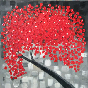 Handgemaltes Ölbild roter Blütenbaum auf Leinwand, Spachteltupfen in Rot vor grauem Mosaikhintergrund