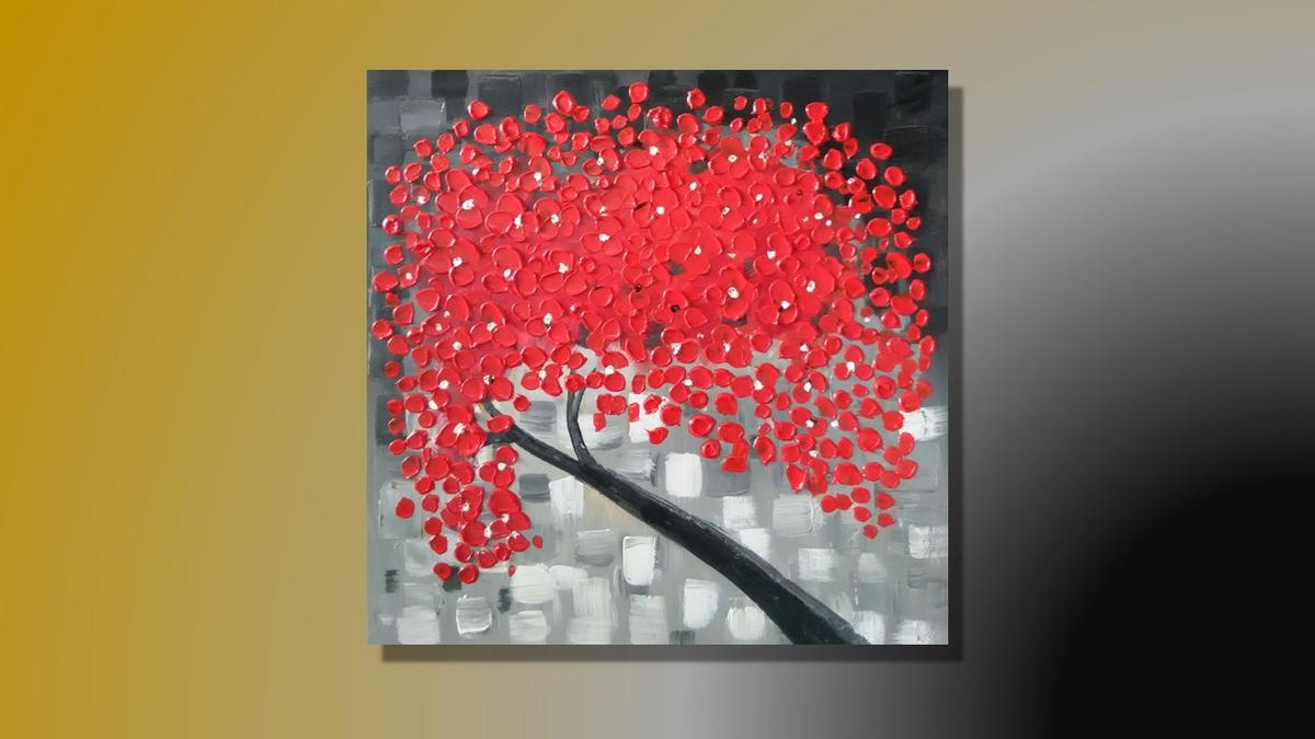Handgemaltes Ölbild roter Blütenbaum auf Leinwand, Spachteltupfen in Rot vor grauem Mosaikhintergrund – Beispiel im Raum
