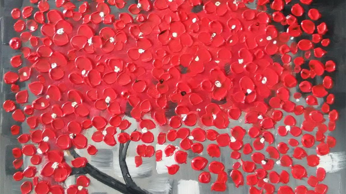 Handgemaltes Ölbild roter Blütenbaum auf Leinwand, Spachteltupfen in Rot vor grauem Mosaikhintergrund – Detailansicht