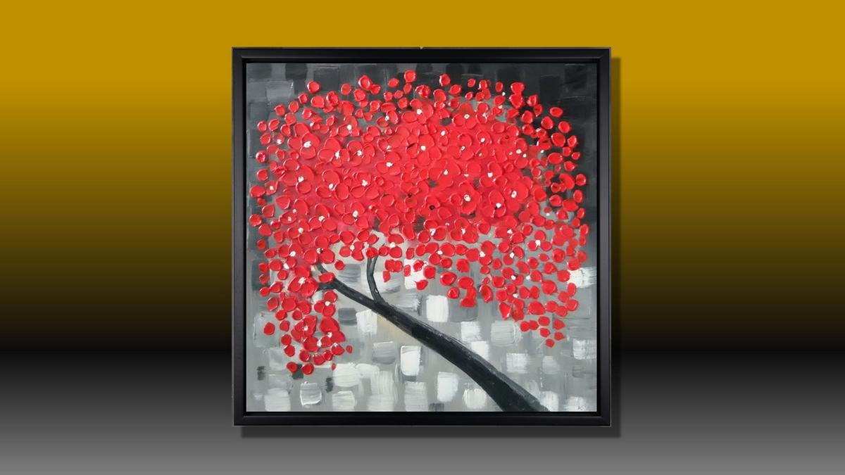 Handgemaltes Ölbild roter Blütenbaum auf Leinwand, Spachteltupfen in Rot vor grauem Mosaikhintergrund, mit schwarzem Rahmen – Beispiel im Raum