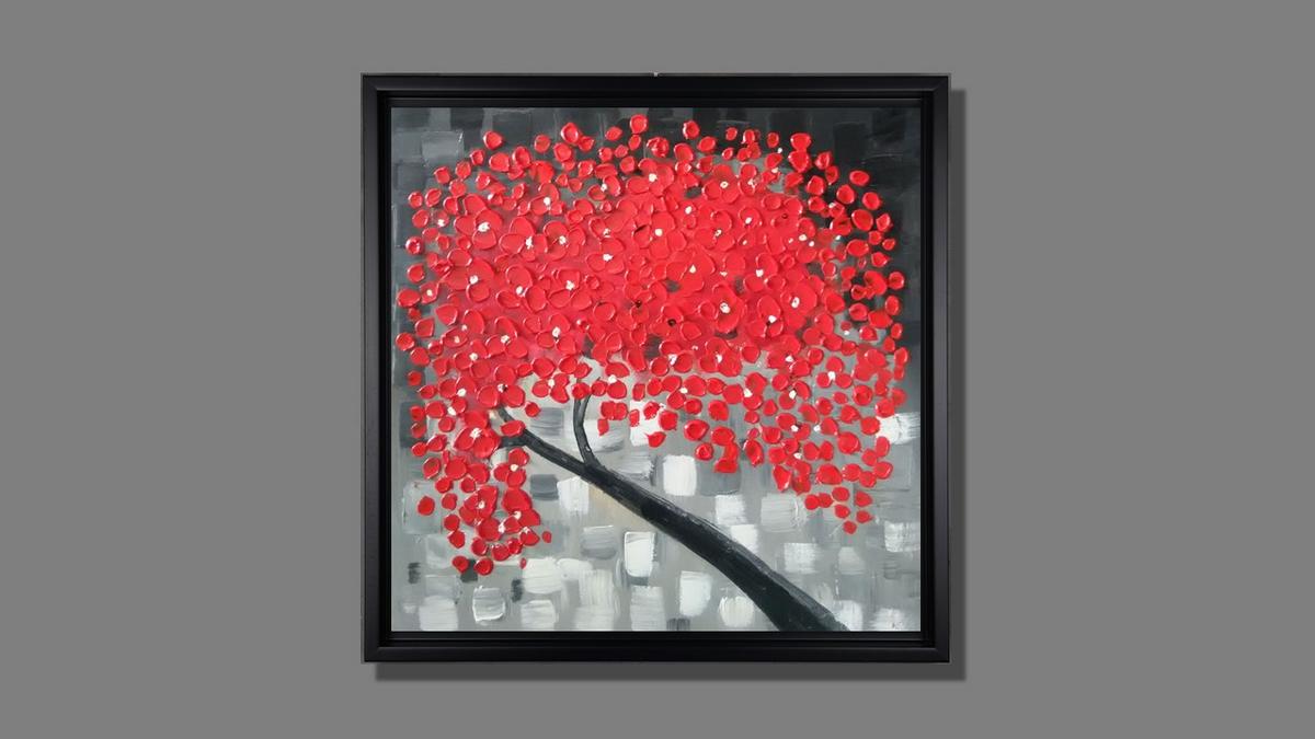 Handgemaltes Ölbild roter Blütenbaum auf Leinwand, Spachteltupfen in Rot vor grauem Mosaikhintergrund, mit schwarzem Rahmen – Beispiel im Raum