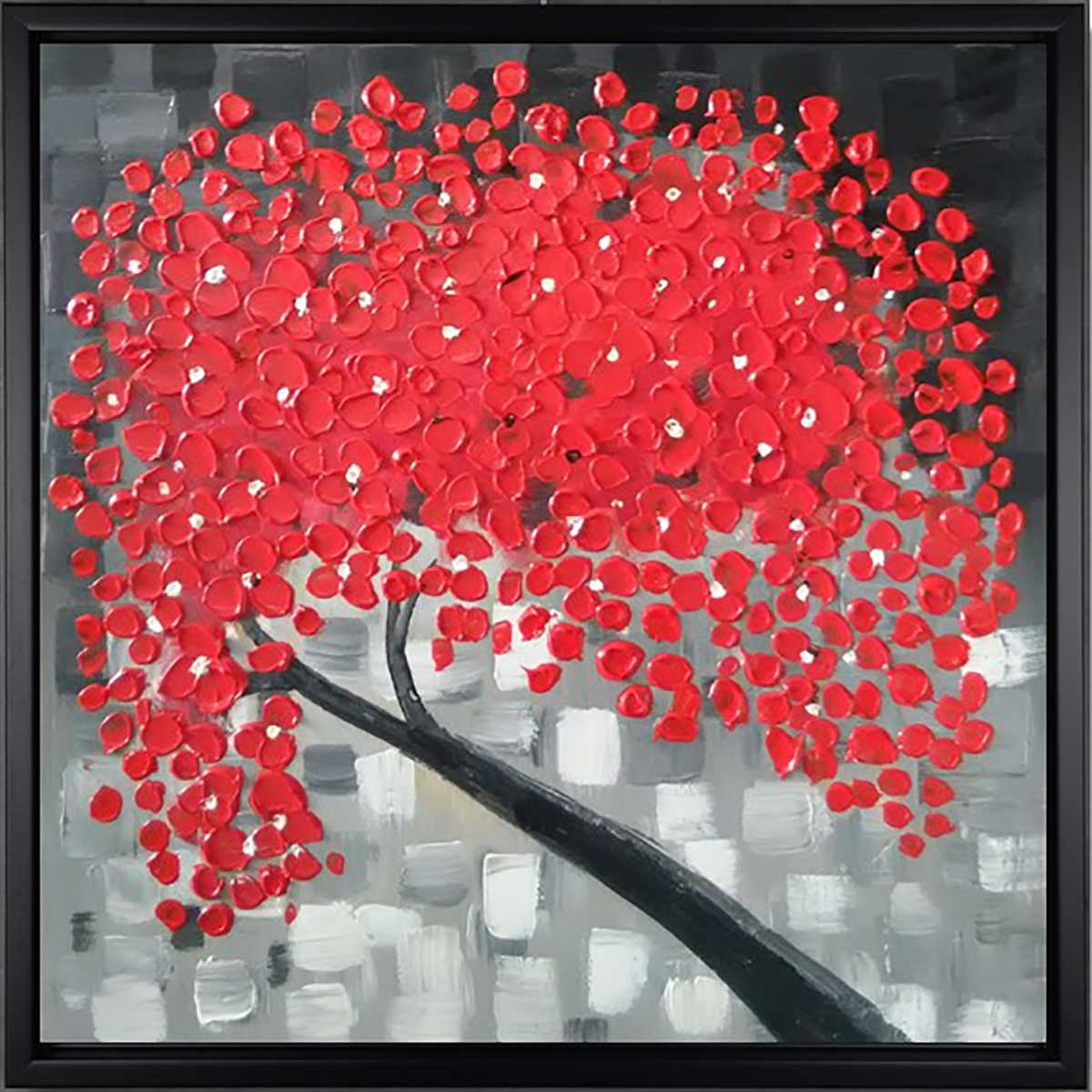 Handgemaltes Ölbild roter Blütenbaum auf Leinwand, Spachteltupfen in Rot vor grauem Mosaikhintergrund, mit schwarzem Rahmen