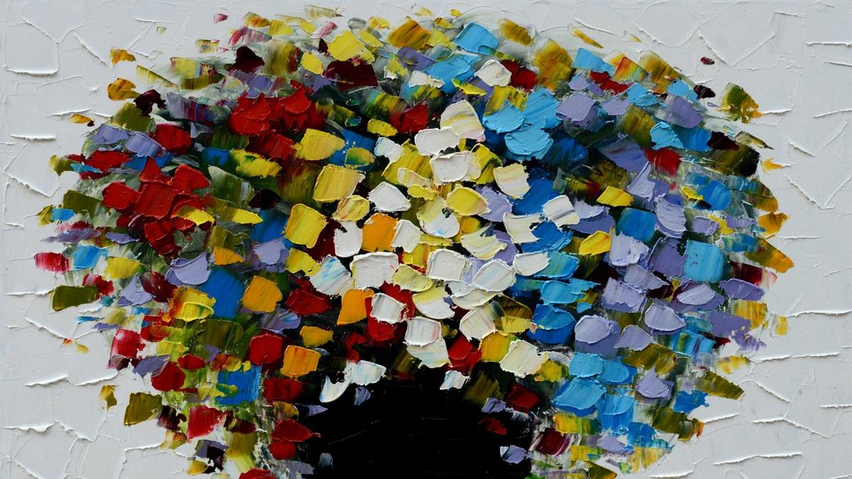 Handgemaltes Ölbild bunter Blumenstrauss in schwarzer Vase auf Leinwand, dicke Spachteltupfen – Detailansicht