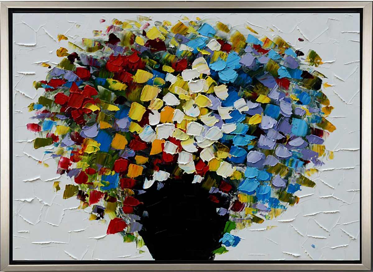 Handgemaltes Ölbild bunter Blumenstrauss in schwarzer Vase auf Leinwand, dicke Spachteltupfen, mit silbernem Rahmen