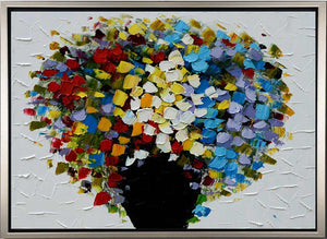 Handgemaltes Ölbild bunter Blumenstrauss in schwarzer Vase auf Leinwand, dicke Spachteltupfen, mit silbernem Rahmen