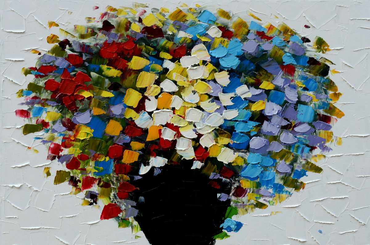 Handgemaltes Ölbild bunter Blumenstrauss in schwarzer Vase auf Leinwand, dicke Spachteltupfen