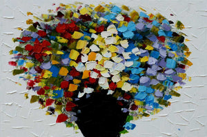 Handgemaltes Ölbild bunter Blumenstrauss in schwarzer Vase auf Leinwand, dicke Spachteltupfen