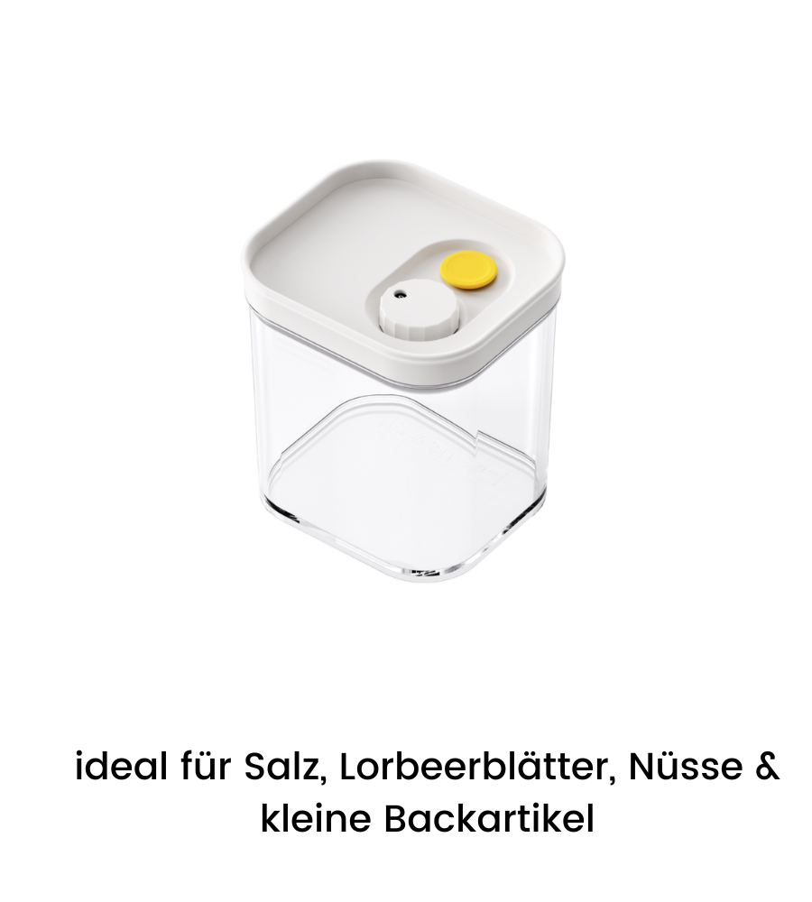 Die DATEMATE Vorratsdose KLAR Weiss von BNB x VCN ist eine stapelbare, luftdichte Kunststoffdose mit weißem Deckel, Garzeit-Timer und gelb-grauem Knopf - ideal für Salz, Lorbeerblätter, Nüsse & kleine Backartikel.