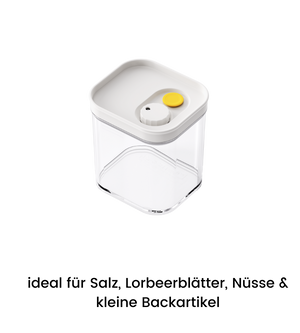 Die DATEMATE Vorratsdose KLAR Weiss von BNB x VCN ist eine stapelbare, luftdichte Kunststoffdose mit weißem Deckel, Garzeit-Timer und gelb-grauem Knopf - ideal für Salz, Lorbeerblätter, Nüsse & kleine Backartikel.