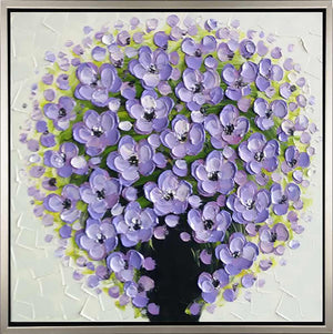 Handgemaltes Ölbild violetter Blumenstrauss in schwarzer Vase auf Leinwand, plastische Spachtelblüten, mit silbernem Rahmen