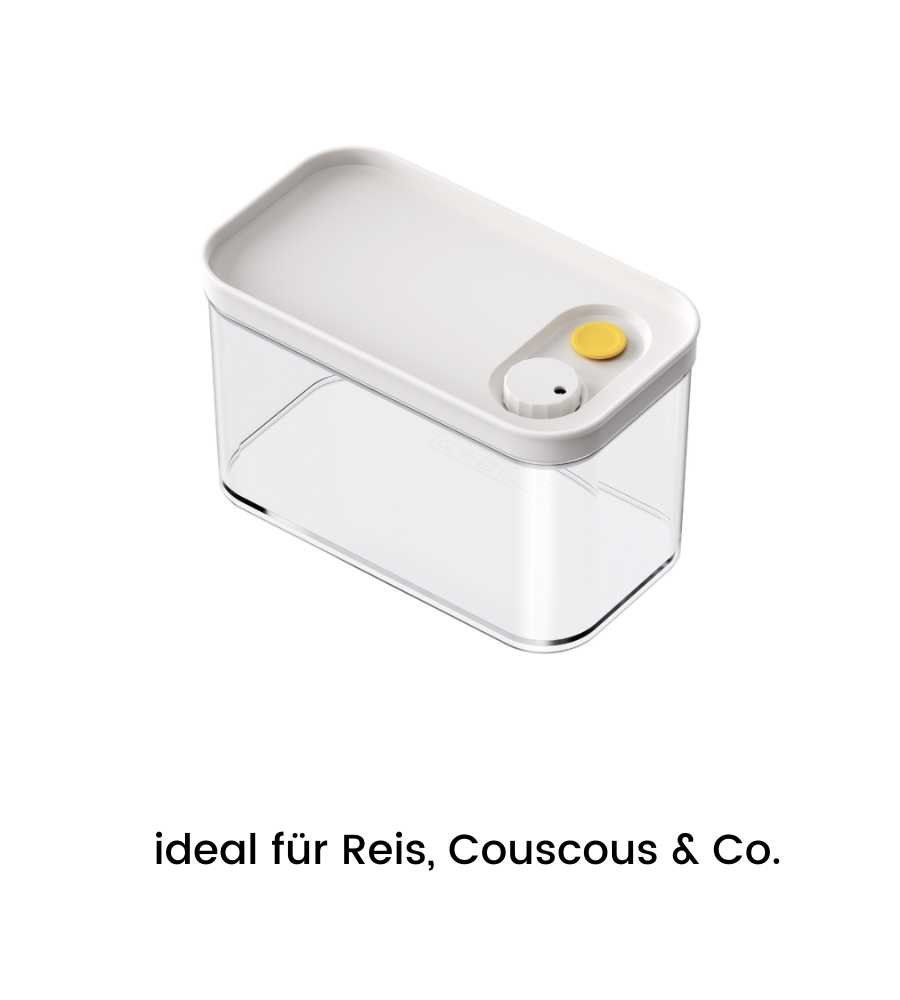 Abgebildet ist eine transparente, stapelbare DATEMATE Vorratsdose KLAR Weiss von BNB x VCN mit weißem Deckel und gelber Zeitschalttaste auf weißem Hintergrund. Der deutsche Text darunter lautet: ideal für Reis, Couscous & Co.