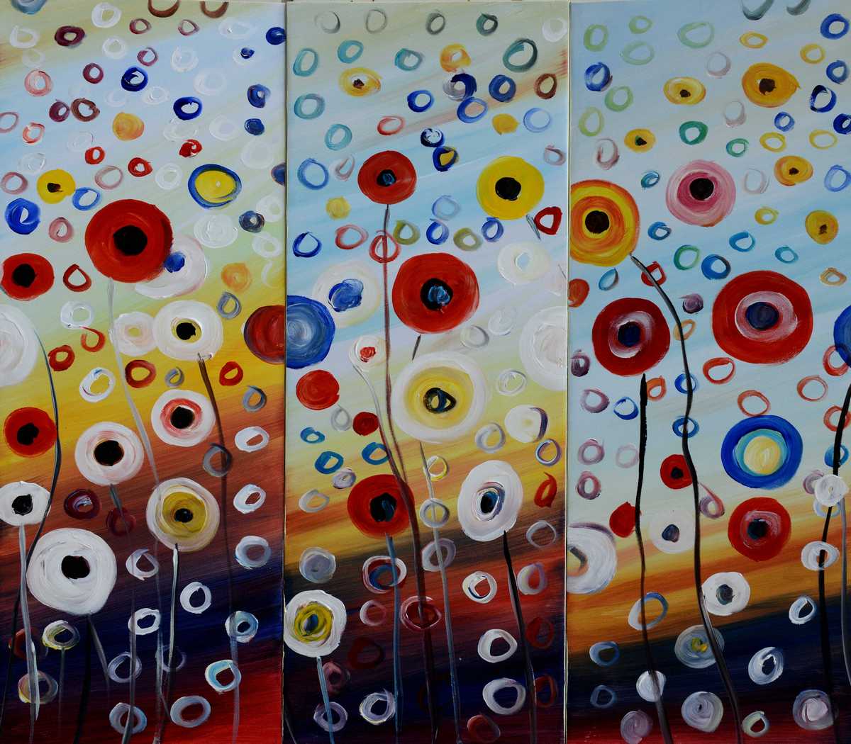 Handgemaltes Ölbild-Set mit bunten Kreisblumen auf Leinwand, drei Teile in Rot, Blau und Gelb