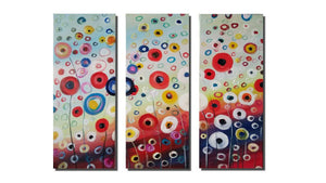 Handgemaltes Ölbild-Set mit bunten Kreisblumen auf Leinwand, drei Teile in Rot, Blau und Gelb – Beispiel im Raum