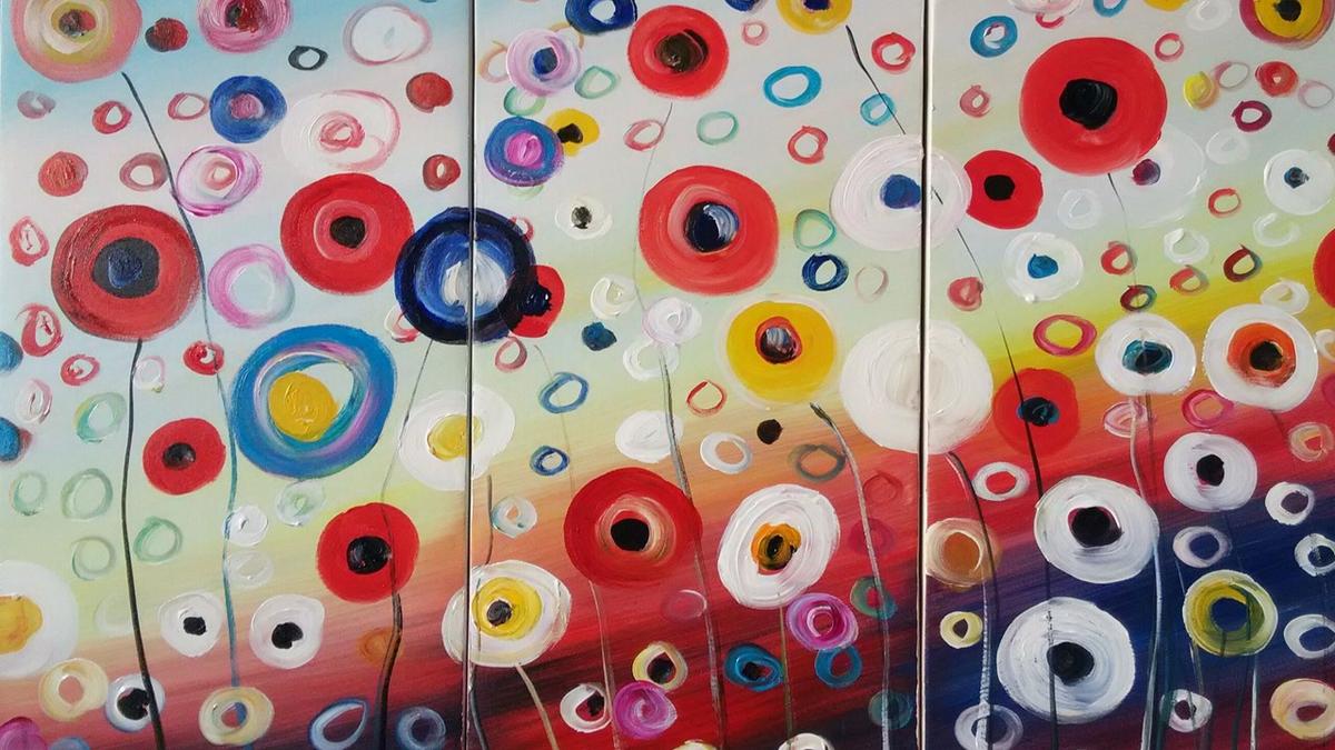 Handgemaltes Ölbild-Set mit bunten Kreisblumen auf Leinwand, drei Teile in Rot, Blau und Gelb – Detailansicht