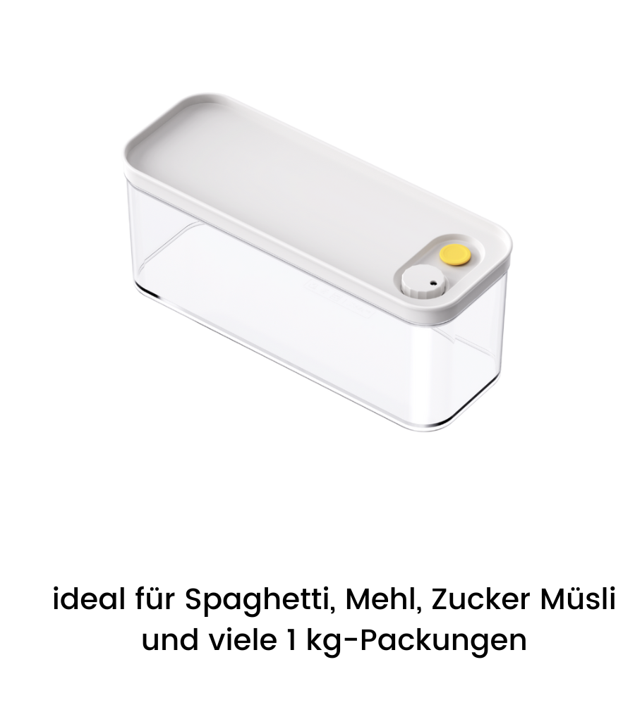Die DATEMATE Vorratsdose KLAR Weiss mit Garzeit-Timer von BNB x VCN ist rechteckig, transparent, luftdicht mit weißem Deckel und gelb-grauen Knöpfen. Ideal für viele 1 kg-Packungen, stapelbar & platzsparend im Schrank.